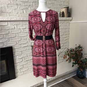 White House Black Market Pink Patterned Long-Sleeve Keyhole Dress Size Small